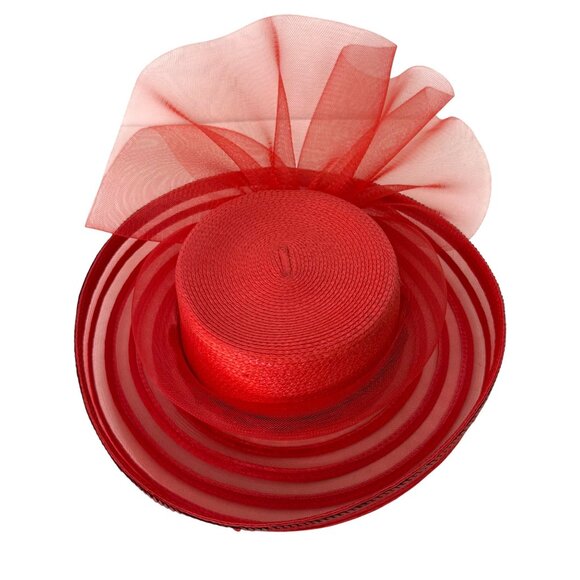 Elegant Red Wide Brim Hat Formal Fashion Tulle Bow Sequin Statement Church Derby main image 9